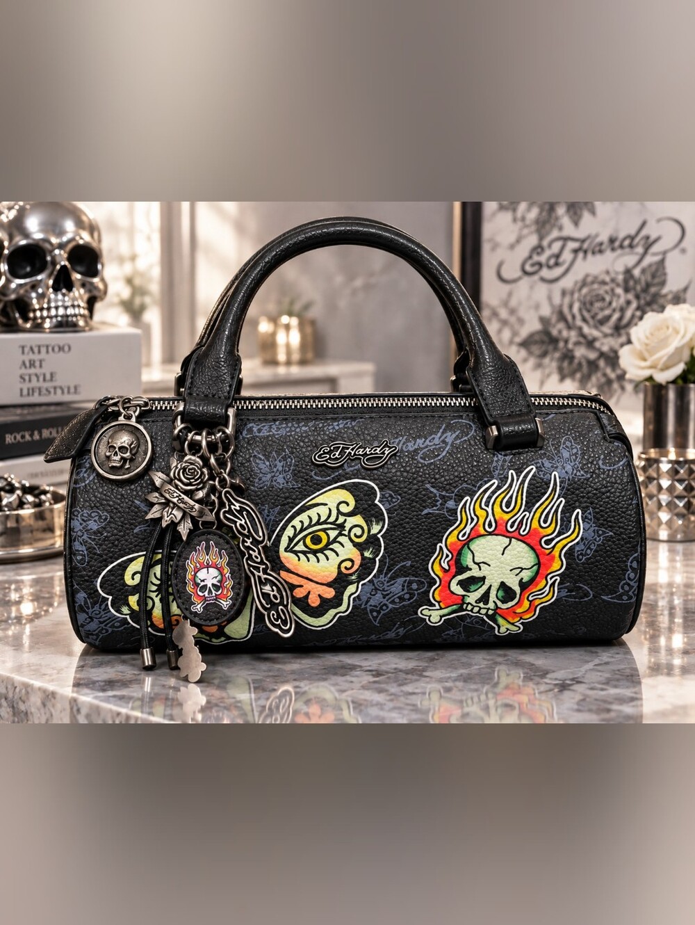 Ed Hardy NWT Tattoo Skull Butterfly Barrel Bag Spacious 12x6